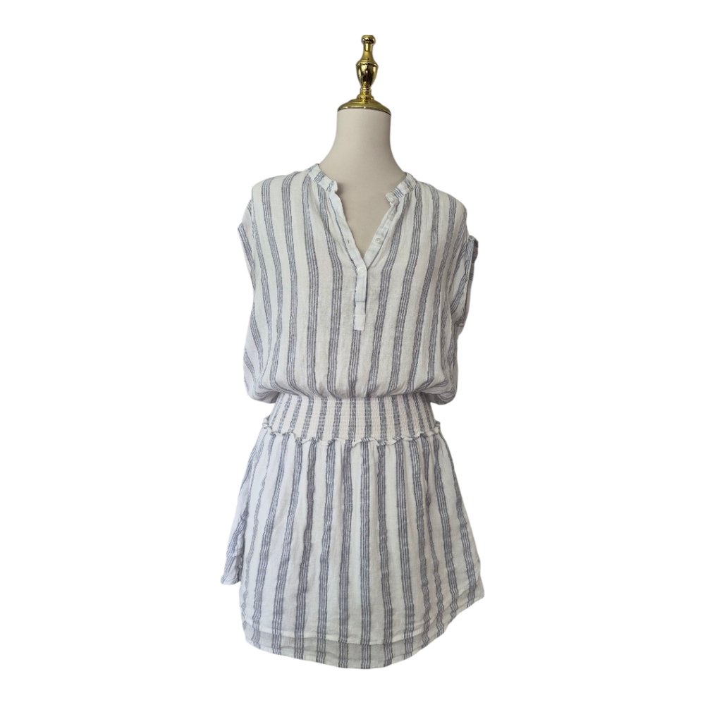 💕Rails Angelina Cayman Stripe Dress Linen Blend Smocked Waist Metallic Thread M